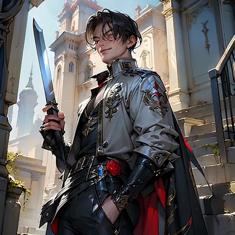 ((masterpiece)),((best quality)),((high detail)),((realistic,)) Futurist era city, architectural streets, a young man carrying a long sword, With sharp eyes and a ferocious smile on his face. He has slightly blackish brown hair and red eyes like roses