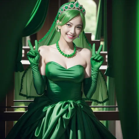 emerald tiara, Green Pearl Necklace, Boyish very short green hair, lipsticks, Japan woman smiling, very short short hair, big breasts beautiful, Green eyes, Long green gloves made of satin material, Green eyes, v sign,V-sign with both hands, Emerald Earrin...