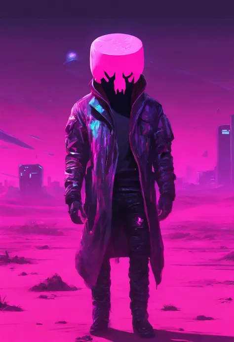 A pink cowboy alien standing in a desolate wasteland, with a weary expression on its face. In the distance, a giant ((((marshmallow)))) looms, emitting an eerie glow. The aliens cowboy hat is slightly askew, and its metallic body bears scars and scratches ...