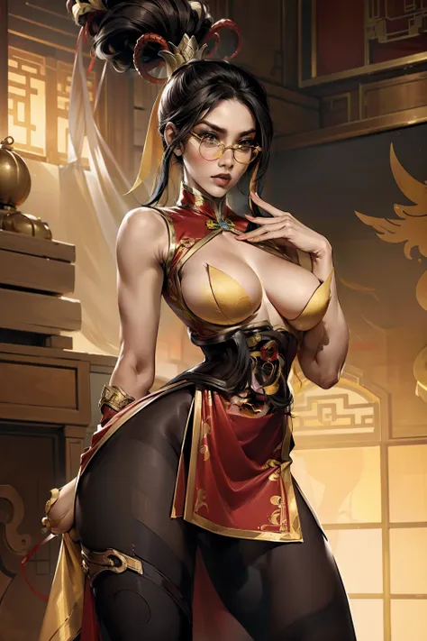 (Obra maestra:1.4), (La mejor calidad:1.2), firecracker vayne, 1girl, glasses, china dress, hair ornament, ribbon, pantyhose, ponytail, (big tits:1.1), beautiful face, perfect anatomy body proportions,  sensual + sophisticated, glamorous, provocative, eleg...