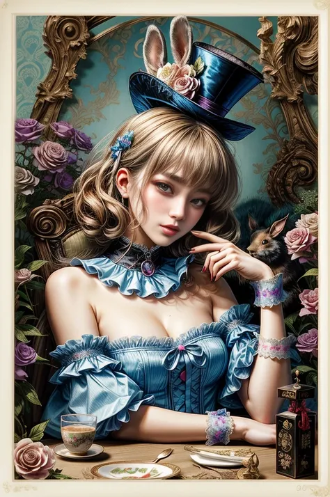 A woman wearing a top hat and holding a rabbit in her hand, Japan Modern Girl、Beautuful Women、Crochet has、bob cuts、Finger Wave、eye shadow、long-one-piece dress、Modern Girl Fashion、A detailed face、Vania Zuravlyov, floralpunk elysian maiden, Hajime Sorayama A...