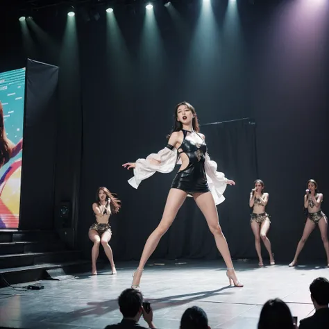 K-pop idols performing on stage, black short tight dresses, song performance, Kpop girl group, riotous atmosphere, stage above the hall, (best quality, 8k, 16k, highres, masterpiece:1.2), ultra-detailed, (realistic, photorealistic, photo-realistic:1.37), p...