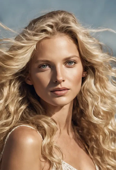 3/4 face portrait photo of a beautiful 25 years old caucasian woman, (extra long wavy blonde hair blown in the wind), outside, a...