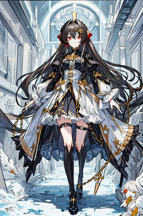 masutepiece,(top-quality),ighly detailed,Ultra-detailed, Cold, Solo, (1girl in), detailedeyes, Shining Golden Eyes, (Long River Hair), deadpan, (Long sleeves, Puffy sleeves),, (heavy-metal:1.2), (Metal jewelry), Cross Lace Footwear (chain), (white pigeon:1...