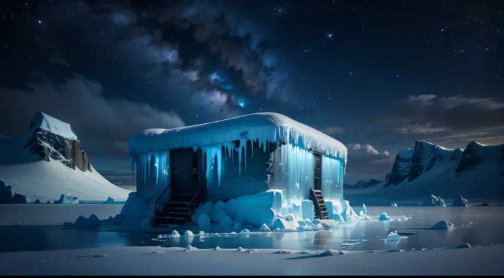 Antarctica ice base station building ice field, icebergs, middle of an ocean, dark night, barely visible, ultra realistic, night sky, masterpiece, UHD, super detail, best quality, ray tracing, cinematic lighting