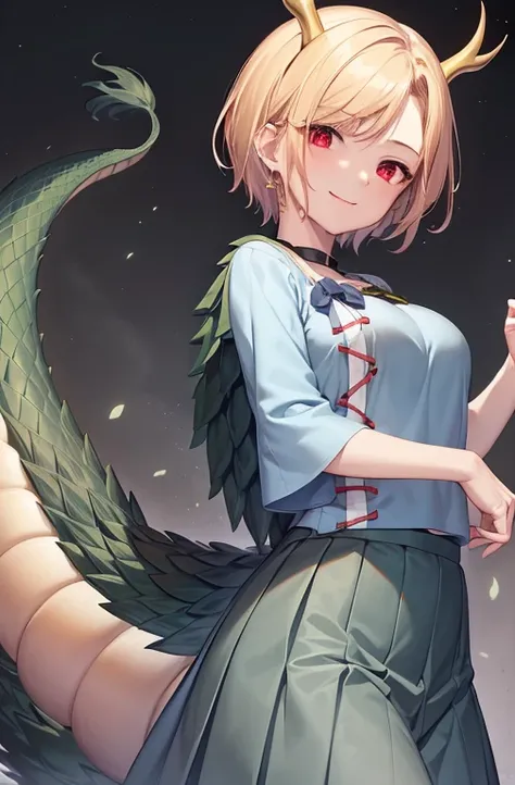 masterpiece, best quality,
  grey background, smile,
kicchou yachie,1girl, dragon horns,blonde hair, short hair,red eyes,large breasts,ribbon,short sleeves,blue shirt,blue skirt,turtle shell, dragon tail,dragon girl, pleated skirt,