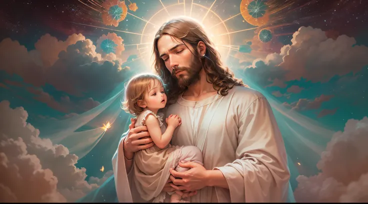 Closeup of an image of Jesus Christ praying and holding a child, perfeito, Reslistic, Biblical setting, celestial scenery, sol e nuvens ultras realistas, flores e velas, Jesus illuminated from heaven, Passes em segundo plano, flores coloridas, velas acesas