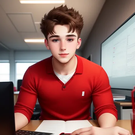 25 year old boy looking at a computer in the office in red clothes