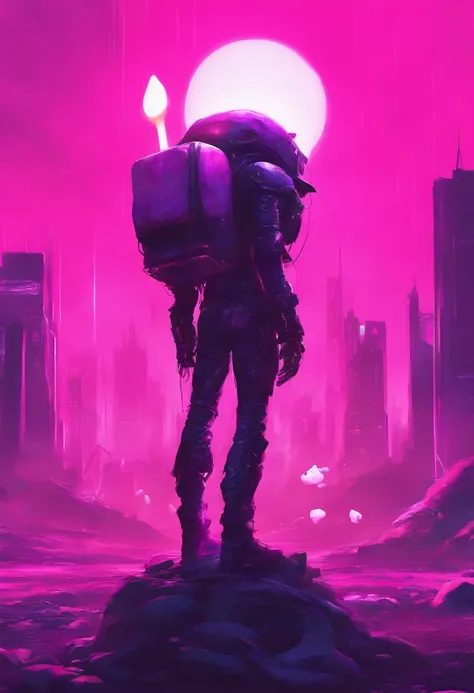 A pink cowboy alien standing in a desolate wasteland, with a weary expression on its face. In the distance, a giant ((((marshmallow)))) looms, emitting an eerie glow. The aliens cowboy hat is slightly askew, and its metallic body bears scars and scratches ...