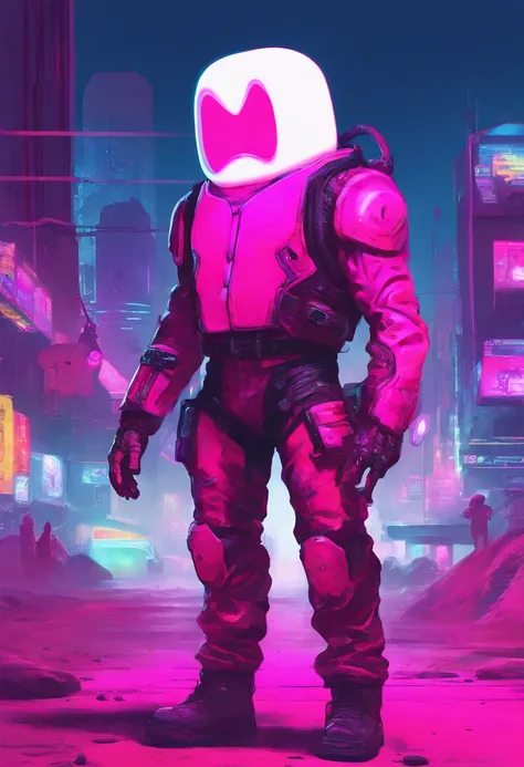 A pink cowboy alien standing in a desolate wasteland, with a weary expression on its face. In the distance, a giant ((((marshmallow)))) looms, emitting an eerie glow. The aliens cowboy hat is slightly askew, and its metallic body bears scars and scratches ...