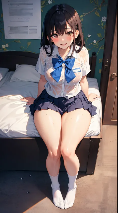 1girl in, Parted lips, blush, makeup, lightsmile, School uniform, Full body, Wide Angle, From  above, crass room, llight rays, Glow, thighs thighs thighs thighs, 鎖骨, Narrow waist, (masutepiece), Wallpaper,Wet body、Drooling、White socks