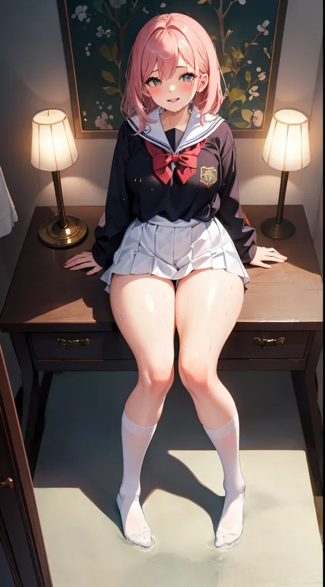 1girl in, Parted lips, blush, makeup, lightsmile, School uniform, Full body, Wide Angle, From  above, crass room, llight rays, Glow, thighs thighs thighs thighs, 鎖骨, Narrow waist, (masutepiece), Wallpaper,Wet body、Drooling、White socks