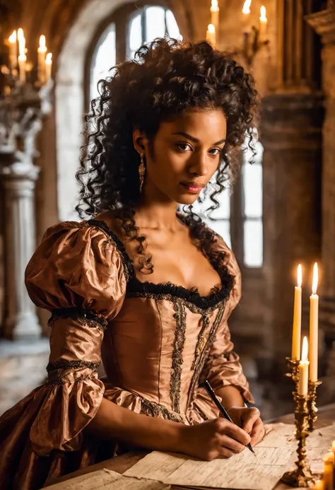 young blak wavy haired latin woman writing a letter with a feather in a baroque styled castle room, half body portrait, tanned skin, wearing a beautiful baroque styled dress, in the background candlelights and statues, columns, draperies, arches, intimate ...