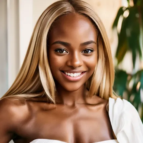 A selfie of a very beautiful Caribbean beauty with brown skin ((life like skin texture)) and blonde hair, ((very detailed pictute)) wearing a white kinit, she has a perfect heart shaped face and a  ((warm smile))  she is a  ((very attractive youthful woman...