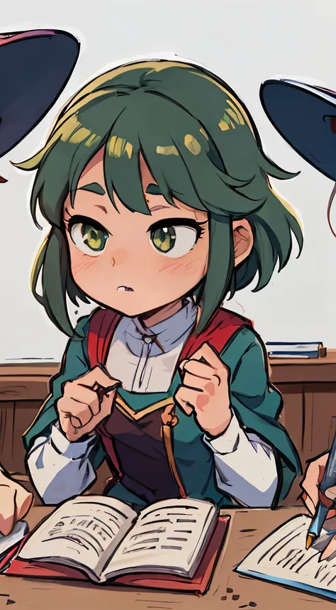 anime characters sitting at a table with books and a pen, demon slayer rui fanart, anime moe artstyle, cunning expression, official art, detailed fanart, stylized anime, tatsumaki, marin kitagawa fanart, portrait knights of zodiac girl, highly detailed exq...