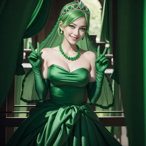 emerald tiara, Green Pearl Necklace, Boyish very short green hair, lipsticks, Japan woman smiling, very short short hair, big breasts beautiful, Green eyes, Long green gloves made of satin material, Green eyes, v sign,V-sign with both hands, Emerald Earrin...