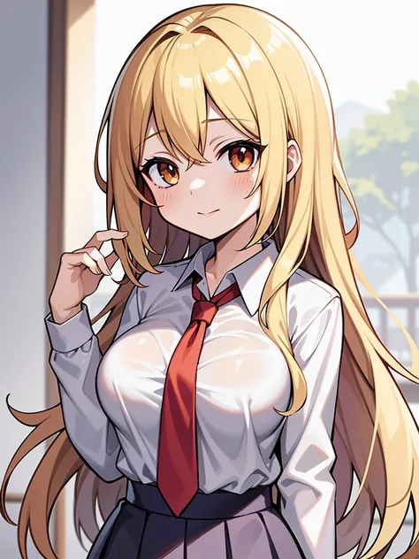 sumino_sayaka_ahogirl, long_hair, blonde_hair, brown_eyes, school uniform, large breasts, upper body