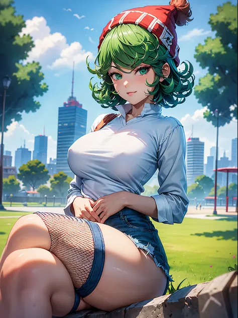 1girl, short green hair, green eyes, ((white shirt, beanie, denim shorts, fishnets thighhighs, sitting, crossed legs, thighs focus, smug, in a park)), curvy figure, overlooking city, blush, day 

BREAK 

(((Masterpiece))), ((Highly detailed character)), ((...