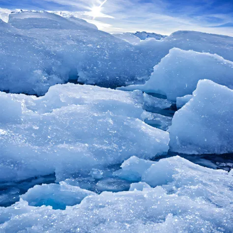 Snow crystals falling on an iceberg, half of which is bright white and the lower half is black, with a polar aurora in the sky, in high-resolution quality and photography.