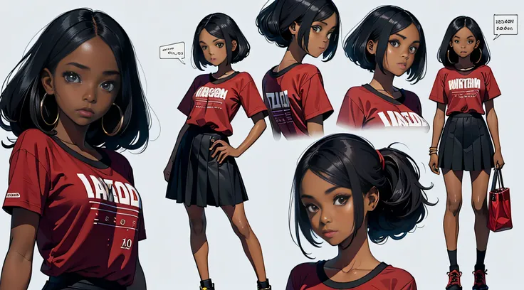 créer une fille africaine de 10 ans, peau foncée, portant un t-shirt rouge et une jupe noire, plusieurs expressions du visage, Conception des personnages, Fiche de conception, fond blanc, dessin, coloré, Artgerm