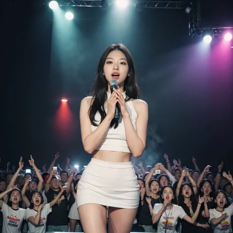 K-pop idols performing on stage, black short tight dresses, song performance, Kpop girl group, riotous atmosphere, stage above the hall, (best quality, 8k, 16k, highres, masterpiece:1.2), ultra-detailed, (realistic, photorealistic, photo-realistic:1.37), p...