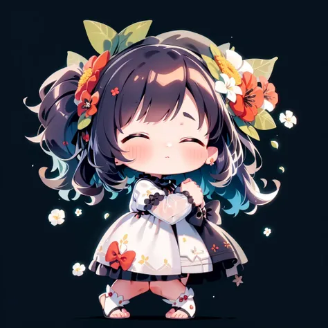 Uma garota,chibi,pele escura, vestido preto com flores vermelhas