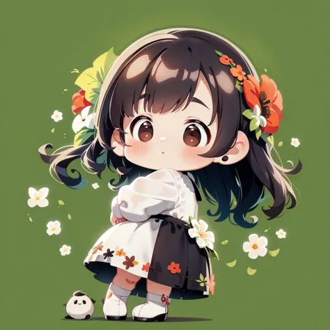 uma garota,chibi,pele escura, vestido preto com flores vermelhas