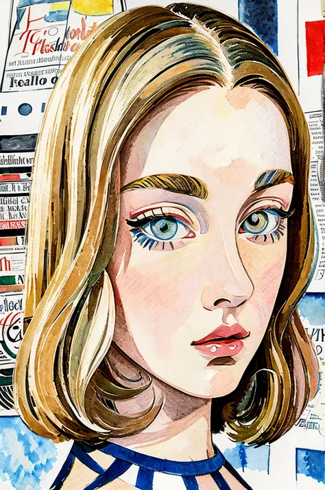 Sketched, watercolor paiting, Collage of Picasso and Robert Delaunay, cubism, Abstract, Cute daughter, big clear blue eyes, Little red cheeks, Blonde long-haired, Face-centric, Against the backdrop of newspapers and fashion magazines, Intricate Brushwork, ...