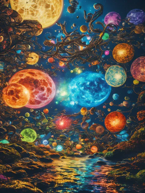 (best quality,4k,8k,highres,masterpiece:1.2),ultra-detailed,(realistic,photorealistic,photo-realistic:1.37),psychedelic collage,kraken,cowboy hat,rocket,outer space,rainbow galaxy,discoball,moon