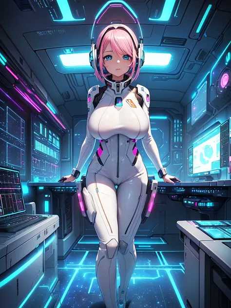 ​masterpiece:1.4, 1girl in ((20yr old, Wearing a futuristic white and silver costume, Tight Fit Bodysuit, long boots, Very gigantic-breasts, Multicolored pink hair, a short bob, Perfect model body, Blue eyes:1.2, Wearing headphones, Looking out the window ...