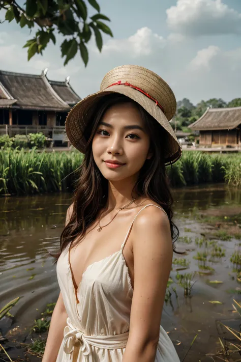 (8k, ultra high res:1.1) nguyen, a serene vietnamese woman in her 20s, stands amidst the picturesque countryside, wearing a simp...