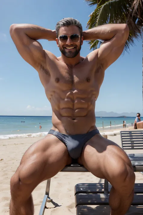 smiling muscle hot guy with gray hair and beard, with shades, in tight shiny gray speedos, posing manspread on a bench in a sunny beach. arms over head.