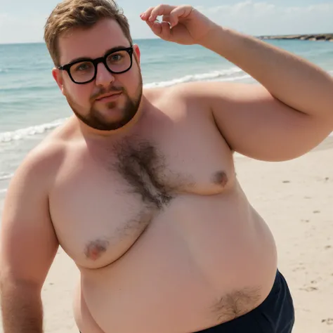 a fat man with light brunette short hair and glasses on a beach in a t-shirt and underwear, taken with the iPhone camera BREAK selfie medium photo of a handsome young man BREAK (ombre: 1.3) pinkish blonde BREAK film grain, medium quality