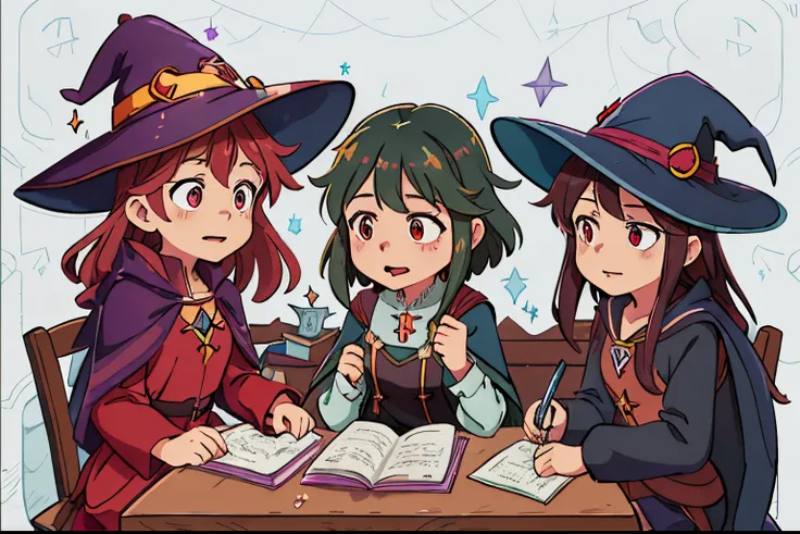 three girls in witches hats sitting at a table with books, witch academia, little witch academia, mages, magical school, casting spells, witchcraft!, witches, roleplaying, magic school, from cryptid academia, megumin, ddlc, cunning expression, roleplaying ...