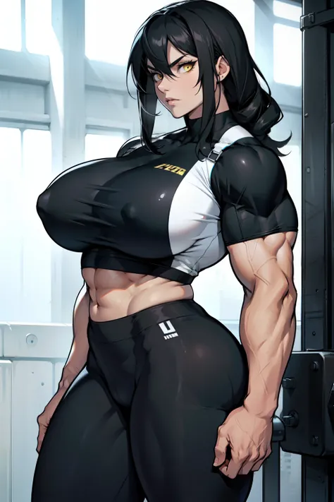 girl huge muscles huge breasts pale skin black hair yellow eyes huge muscles huge muscles tight shirt leggings