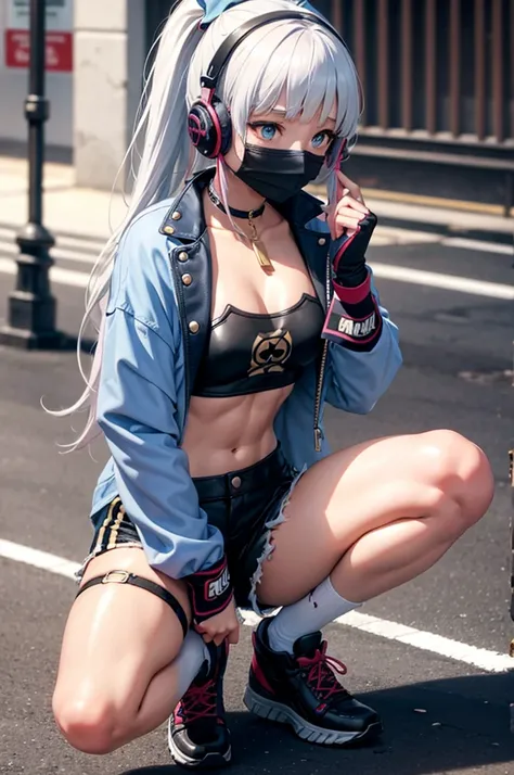 street style, choker, shorts, crop top, socks, face mask, headphones, cute, abs, sexy, Thigh straps, bored, (expressionless: 0.75), squat