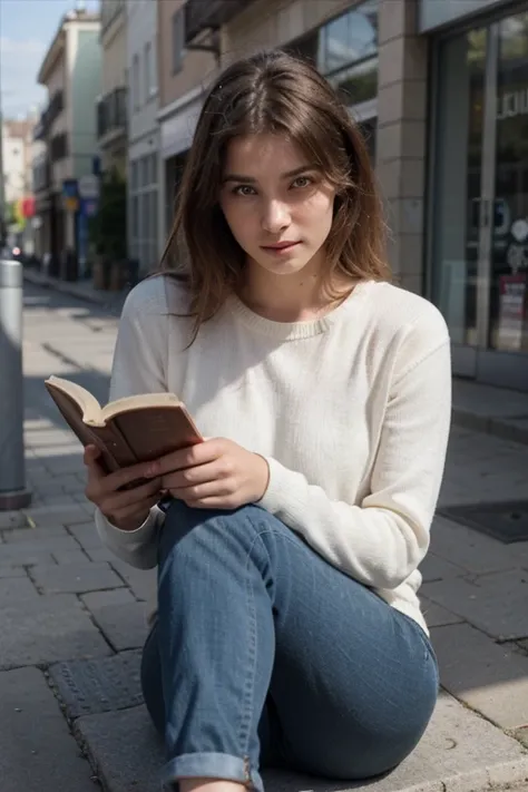 Imaginez un jeune homme aux cheveux blonds et aux yeux bleus, vêtu d’un pull rouge et d’un jean noir. Il est assis sur le sol d’un rez-de-chaussée, devant une fenêtre ouverte qui donne sur une rue animée. Il tient un livre dans ses mains et lit avec attent...