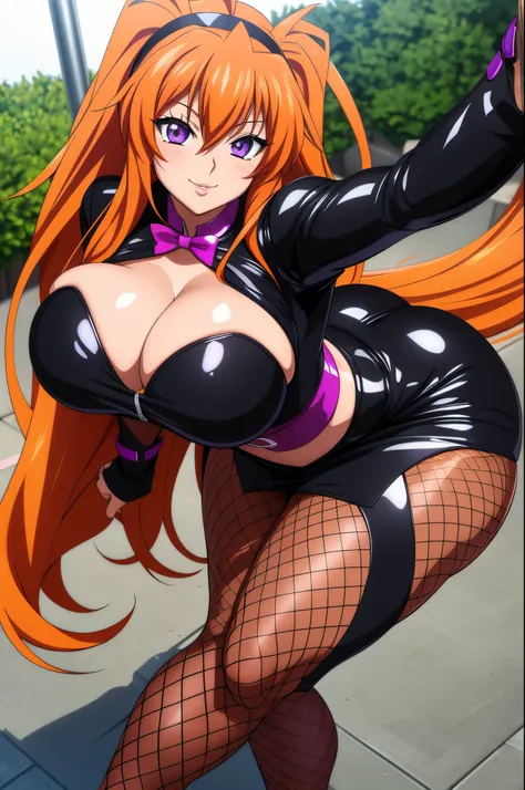 Highschool Dxd, Irina Shidou, 1 girl, ((bimbo))), long orange hair, purple eyes, thick lips, erotic smile face, blushing, wide hips, thick thighs, thick, huge breasts, huge round ass, oily shiny skin, black leather skirt, goth, fishnet, black top,