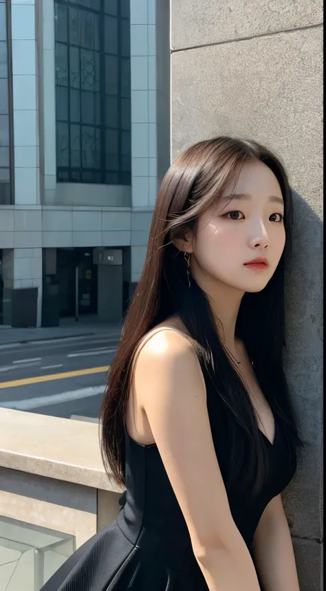 Wonyoung, serious expression and black dress