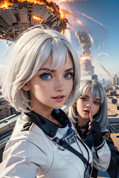 (((tmasterpiece))), (best quality), (highres), (ultra details), extreme quality, sharp focus, (bright colors), (((2 beautiful school girls taking face selfie instagram photo))), expression of surprise face, smile, scream, (((white hair))), (bangs), blue ey...