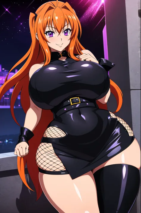 Highschool Dxd, Irina Shidou, 1 girl, ((bimbo))), long orange hair, purple eyes, thick lips, erotic smile face, blushing, wide hips, thick thighs, thick, huge breasts, huge round ass, oily shiny skin, black leather skirt, goth, fishnet, black top, gothic, ...