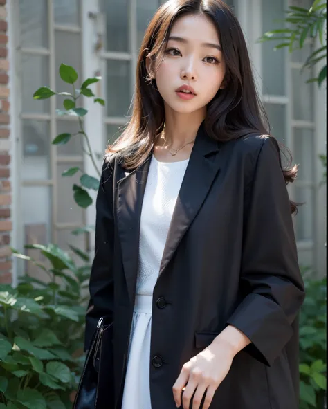 puffy woman in black jacket and white dress in front of a building, jaqueta preta longa, Modelo de moda feminina coreana, menina coreana, a young asian woman, vestido com roupas longas e fluentes, com preto, young asian girl, Mulher coreana, linda mulher c...