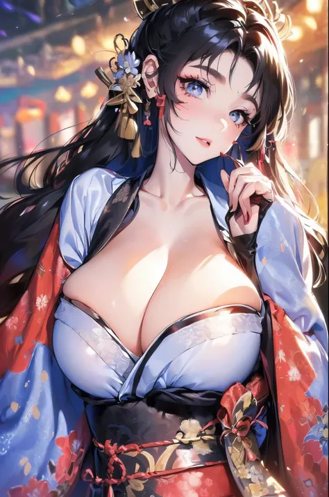 (Best Quality, 8k, 32k, perfect Masterpiece, UHD:1.3), (Photo of the most beautiful and sexy demon goddess, oni horns, cosmic, atmospheric, aesthetic), ((1 Girl)), ((huge enormously gigantic breast, cleavage showing, gigantic breasts bursting out of her sh...