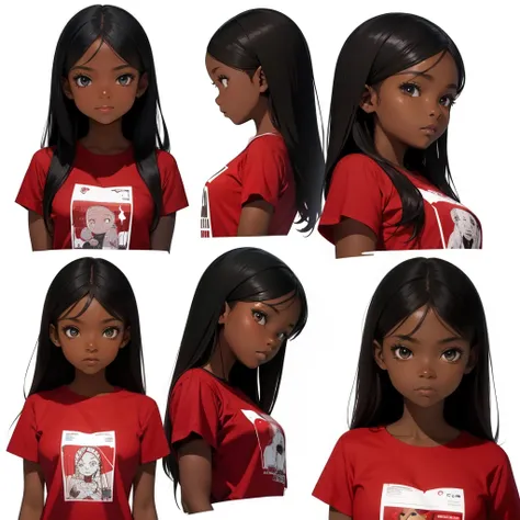 create a 10 years old african girl, dark skin, wearing red t-shirt and black skirt, multiple face expressions, character design, concept design sheet, white background, sketch, colorful, artgerm