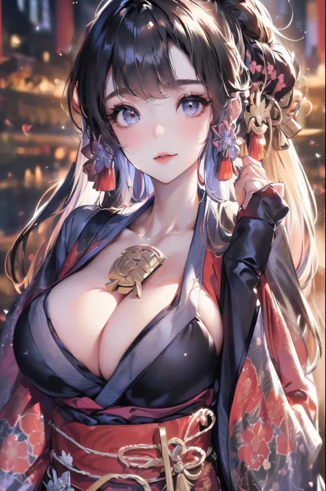 (Best Quality, 8k, 32k, perfect Masterpiece, UHD:1.3), (Photo of the most beautiful and sexy demon goddess, oni horns, cosmic, atmospheric, aesthetic), ((1 Girl)), ((huge enormously gigantic breast, cleavage showing, gigantic breasts bursting out of her sh...