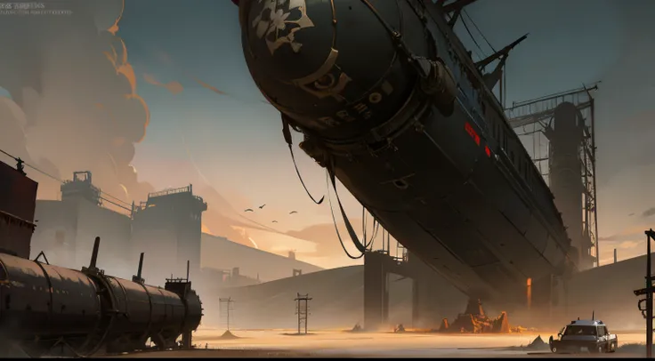 Post-apocalyptic wars, shadowing, Nero, A desert , shadowing, Gloomy atmosphere, darkly, ((natta)), The breadth of the landscape, book cover，Wasteland，A desert，Dilapidated airship，Japanese style。asian-looking，Airship in Asian style，Japanese airship over ca...