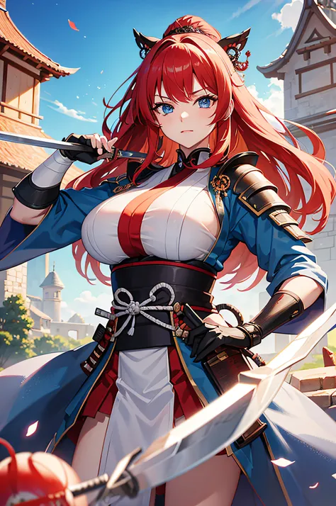 4K,hight resolution,One Woman,White red hair,Longhaire,Blue eyes,Colossal tits,hime,samurais,Samurai armor,Knives,in a castle