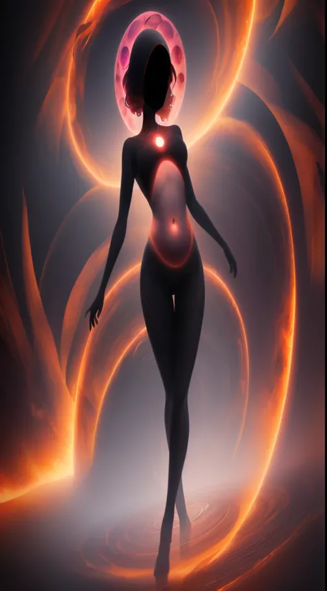 desenhando uma silhueta escura de corpo humano feminino, sem rosto, with a ruby-colored vortex in the navel
. arte espiritual.. 4K 3D.