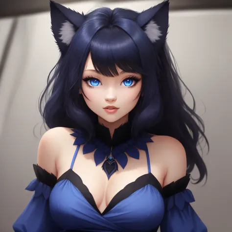 Raven- 16, mafia daughter, 5’2, black hair, blue eyes, black wolf ears, black wolf tail with white tip, royal blue dress