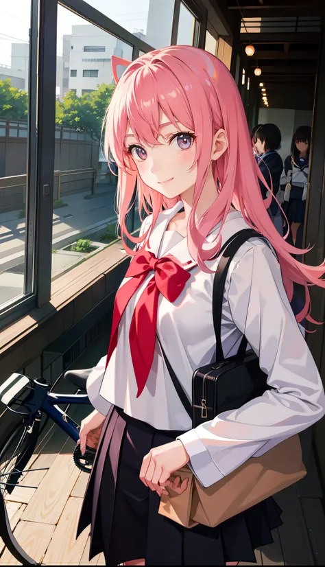 1girl in、AS-Adult、A smile、Light in the eyes、japanese hight school uniform、serafuku、Driving a bicycle、（small tits）Chilarism、movement、Upper body portrait、